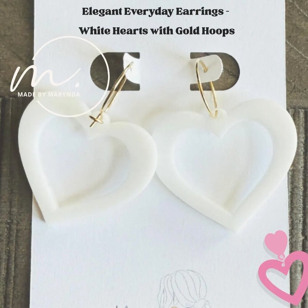 White Heart Acrylic Earrings – Minimalist Gold Hoop Dangle, Hypoallergenic Jewel